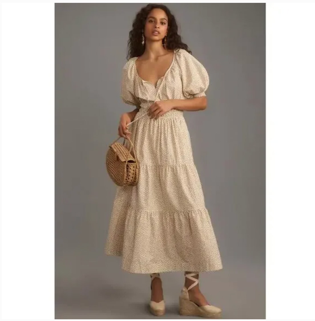 Anthropologie The Somerset Maxi Dress Puff-Sleeve Edition Tan Brown Size Large